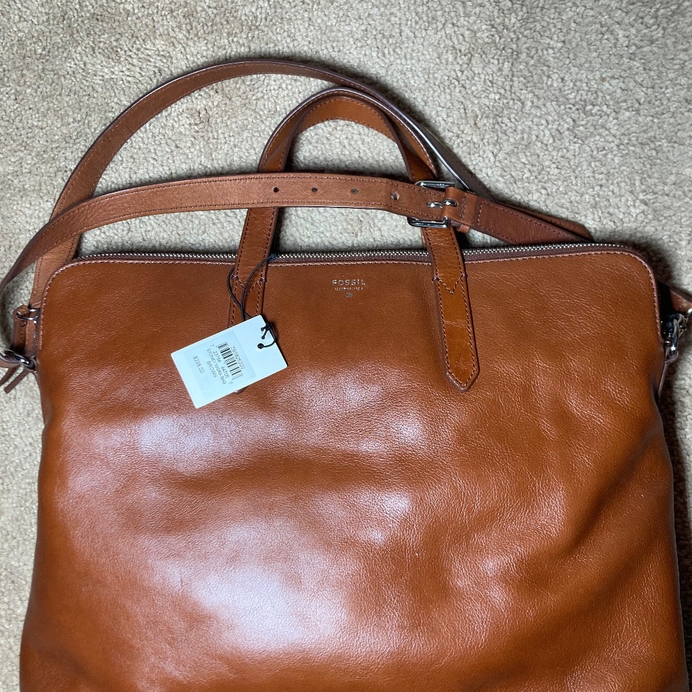 Fossil Sydney Work Bag Laptop Purse Brown Leather Crossbody Tote Women